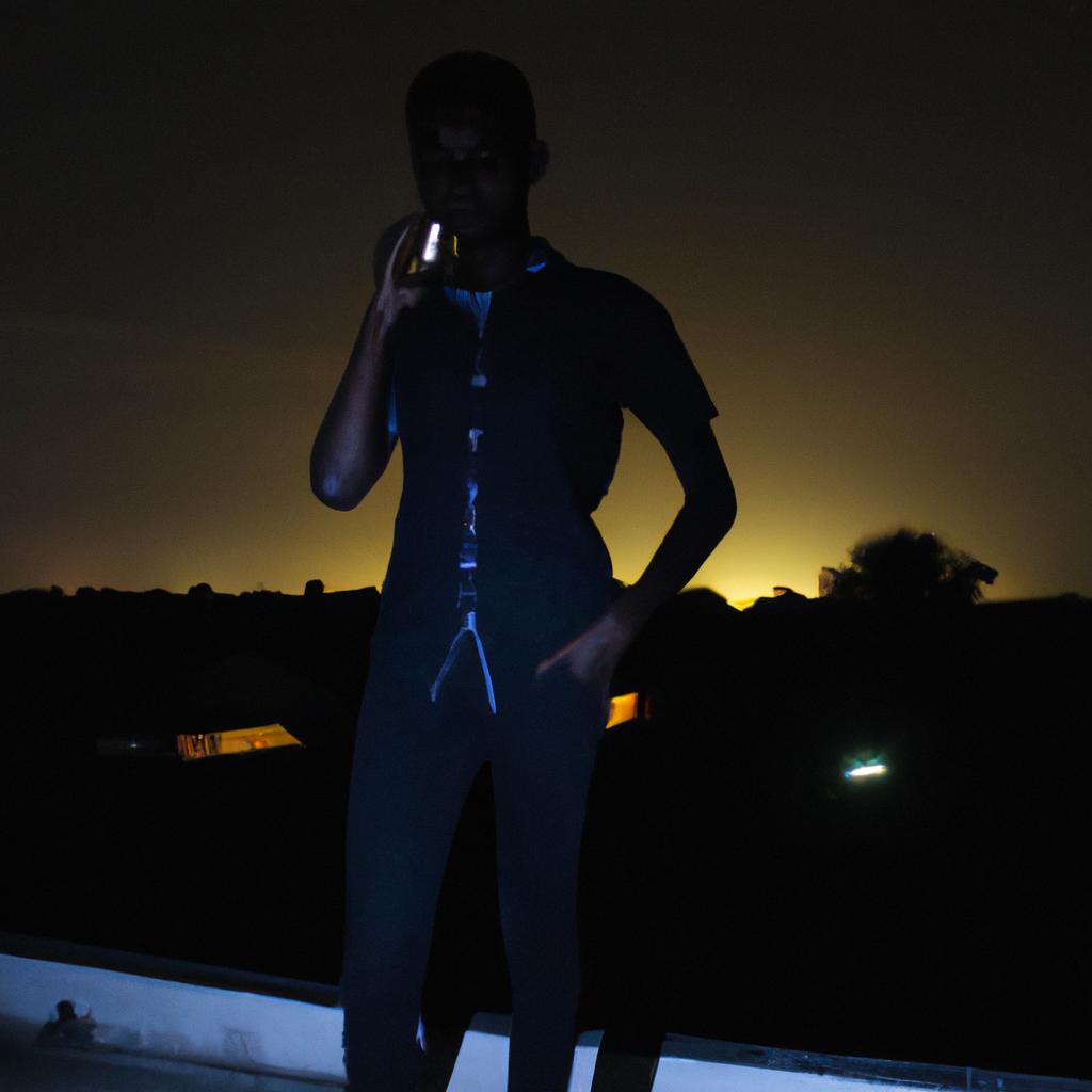 Person posing against nighttime backdrop